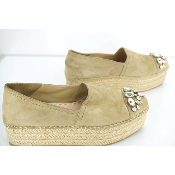 Miu Miu Beige Suede Crystal Jewel Toe Platform Espadrilles SZ 42 12 Slip on $790 - Picture 4 of 12